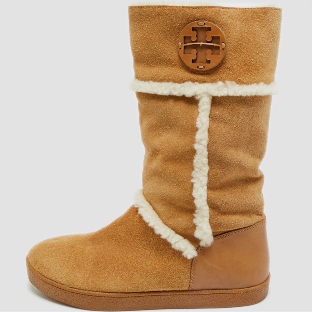 Tory Burch Amalia Tan Suede Boots with Shearling Trim
